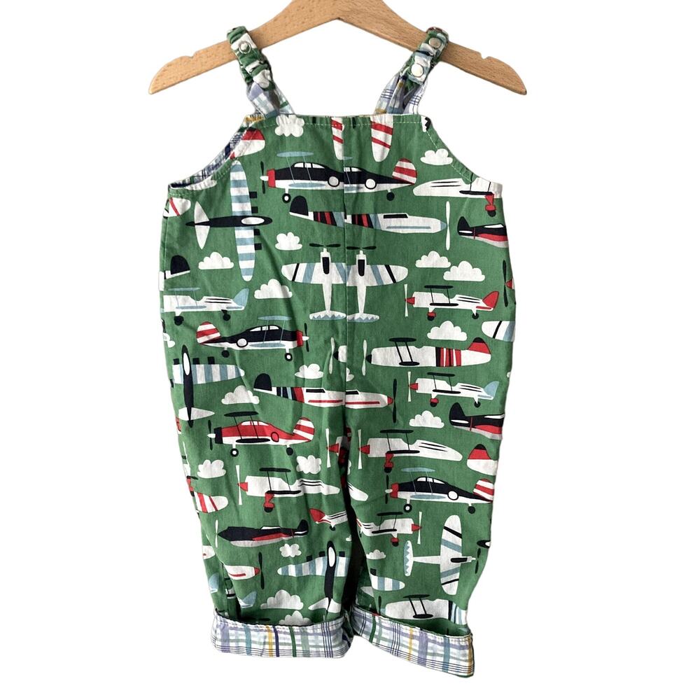 Nana's Creations Reversible Overalls - Handmade - Airplanes, Plaid - Green - 18M